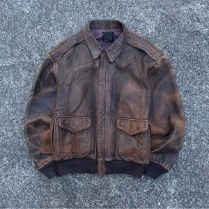 Avirex Leather Jacket Size 42 Vintage Bomber Flight Jacket Brown USA Made zipup